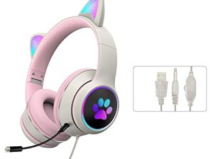 Cat Ear Wired Gaming Headsets with Mic RGB LED Light