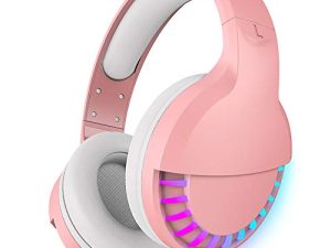 Wireless Bluetooth Headphone with Noise Cancellation HiFi Stereo Sound Mic Deep Bass Protein Earpad Rainbow RGB Backlight Rechageable Over Ear Headset for PC Mac Game Travel Class Home Office (Pink)