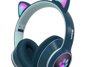 Mokata Gaming Headphone Wired AUX 3.5mm Over Ear Cat LED Light Fit Adult & Kids Foldable Stereo Headset Earmuffs with Microphone for PC PS4 Game Cellphone Laptop Pad H02 Navy Blue