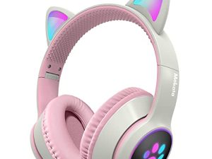 Mokata Gaming Bluetooth 5.0 Wireless Headphones Over Ear Cat LED Light Foldable Music Headset with AUX 3.5mm Microphone for Adult & Kids PC TV Game Music Pad Laptop Cellphone B12 Beige White