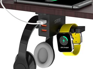 Headphone Stand with USB Charger COZOO Under Desk Headset Holder Mount with 3 Port USB Charging Station and iWatch Stand Smart Watch Charging Dock Dual Earphone Hanger Hook