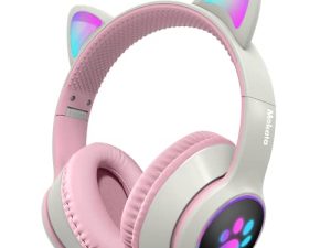 Mokata Gaming Headphone Wired AUX 3.5mm Over Ear Cat LED Light Volume Limited 110-85 dB For Kids & Adult Foldable Stereo Headset with Microphone for PC TV PS4 Game Cellphone Laptop Pad H02 Beige White