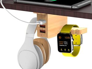 cozoo Wood Headphone Stand with USB Charger Under Desk Headset Holder Mount with 3 Port USB Charging Station and iWatch Stand Smart Watch Charging Dock Dual Earphone Hanger Hook