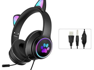 Cat Ear Wired Gaming Headsets with Mic RGB LED Light