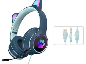 Cat Ear Wired Gaming Headsets with Mic RGB LED Light