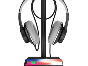 KAFRI RGB Headphone Stand with Wireless Charger Desk Gaming Headset Holder Hanger Rack with 10W/7.5W Fast Charge QI Wireless Charging Pad - Suitable for Gamer Desktop Table Game Earphone Accessories