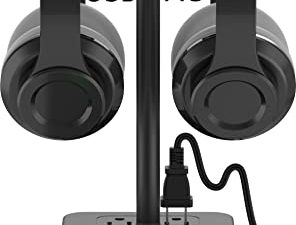 KAFRI Dual Headphone Stand with USB Charger Desk Gaming Double Headset Holder Hanger Rack with 2 USB Charging Port and 2 Outlet - Suitable for Gamer Desktop Table Game Earphone Accessories Gift