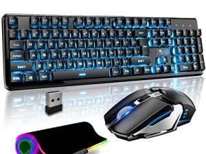 FELICON Rechargeable Wireless Gaming Keyboard and Mouse Combo & Lager Mouse Pad kit Ice Blue Backlit Mechanical Feel 104 Keys Full Keybaord