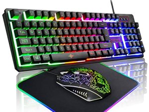 FELICON Wired Gaming Keyboard and Mouse Combo & 10 RGB Mouse Pad Set Waterproof 104 Keys Rainbow Backlight Mechanical Feel Keyboard and Crack Glowing Mouse for Laptop PC Computer Gaming and Work