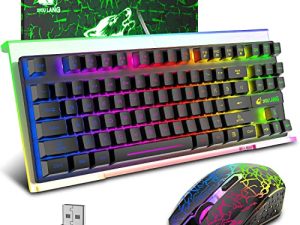 Wireless Gaming Keyboard Mouse and Wired Clear Acrylic RGB Keyboard Stand with Rainbow Backlight 87Key Ergonomic Mechanical Feel Rechargeable 3800mAh Battery Anti-ghosting for PC Mac Gamer(Black Mix)