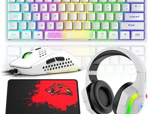 60% Gaming Keyboard Honeycomb Mouse and RGB Headset Combo with Rainbow Backlight Ergonomic 62Key Mechanical Feeling Adjustable 6400DPI Mice Stereo Sound Headphone for PS4 Xbox One PC Mac Gamer