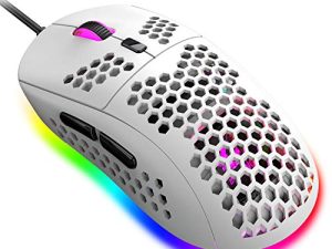 Lightweight Gaming Mouse with Ergonomic Honeycomb Shell 6 RGB Backlight Mode 7 Button Programmable Driver Adjustable 6400 DPI Optical Sensor Wired Ultraweave USB Cable for PC MAC Computer Gamer(White)