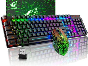 Wieless Gaming Keyboard and Mouse Combo Rainbow Backlight Quiet Ergonomic Mechanical Feeling Anti-ghosting Keyboard Mouse with Rechargeable 4000mAh Battery Mouse Pad for Computer Mac Gamer