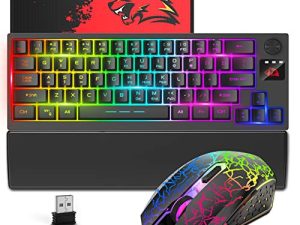 ZIYOU LANG T50 Wireless Gaming Keyboard and Mouse Combo with Ergonomic Wrist Rest Chroma LED Backlit 64Key Mechanical Rechargeable 4000mAh Battery Anti-ghosting Media Knob for Mac PC Gamer(Black Mix)