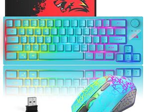ZIYOU LANG T50 Wireless Gaming Keyboard and Mouse Combo Mini Portable with Cool RGB Backlit Ergonomic 64Key TKL Mechanical Rechargeable 4000mAh Battery Anti-ghosting Media Knob for PC Mac Gamer(Blue)