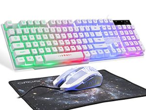 LED Backlit Wired Keyboard and Mouse Gaming Combo Mechanical Feeling Rainbow Backlight Emitting Character 3200DPI Adjustable USB Mice Compatible with PC Raspberry Pi iMac TDW910(White)