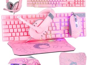 Pink Gaming Keyboard and Mouse Headset Headphones and Mouse pad