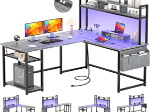 Aheaplus L Shaped Desk with Power Outlet & LED Strip
