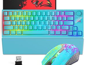 ZIYOU LANG T50 Wireless Gaming Keyboard and Mouse Combo with Ergonomic Wrist Rest Chroma LED Backlit 64Key Mechanical Rechargeable 4000mAh Battery Anti-ghosting Media Knob for Mac PC Gamer(Blue Mix)