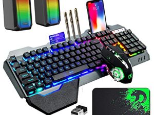 Wireless Gaming Keyboard Mouse and Wired Computer Speaker with Rainbow RGB Backlit Rechargeable Battery Metal Mechanical Ergonomic Waterproof Dustproof Removable Palm Rest for Laptop PC Gamer(Black)