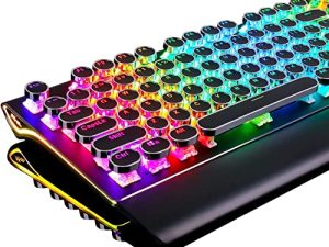 RK ROYAL KLUDGE Typewriter Style Mechanical Gaming Keyboard with True RGB Backlit Collapsible Wrist Rest 108-Key Blue Switch Retro Round Keycap - Black