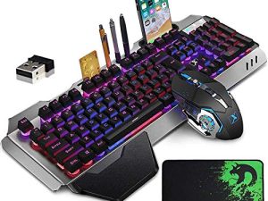 Wireless Gaming Keyboard and Mouse Combo with Rainbow LED Backlit Rechargeable 4800mAh Battery Metal Panel Mechanical Ergonomic Waterproof Dustproof 7Color Mute Mice for Computer PC Mac Gamer (Purple)