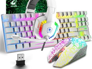 Wireless Gaming Keyboard Mouse and Wired Headphone with Ergonomic 87 Key Rainbow Backlight Rechargeable 3800mAh Battery Mechanical Feel Anti-ghosting Mouse pad for PC Laptop Gamer Typist(White RGB)